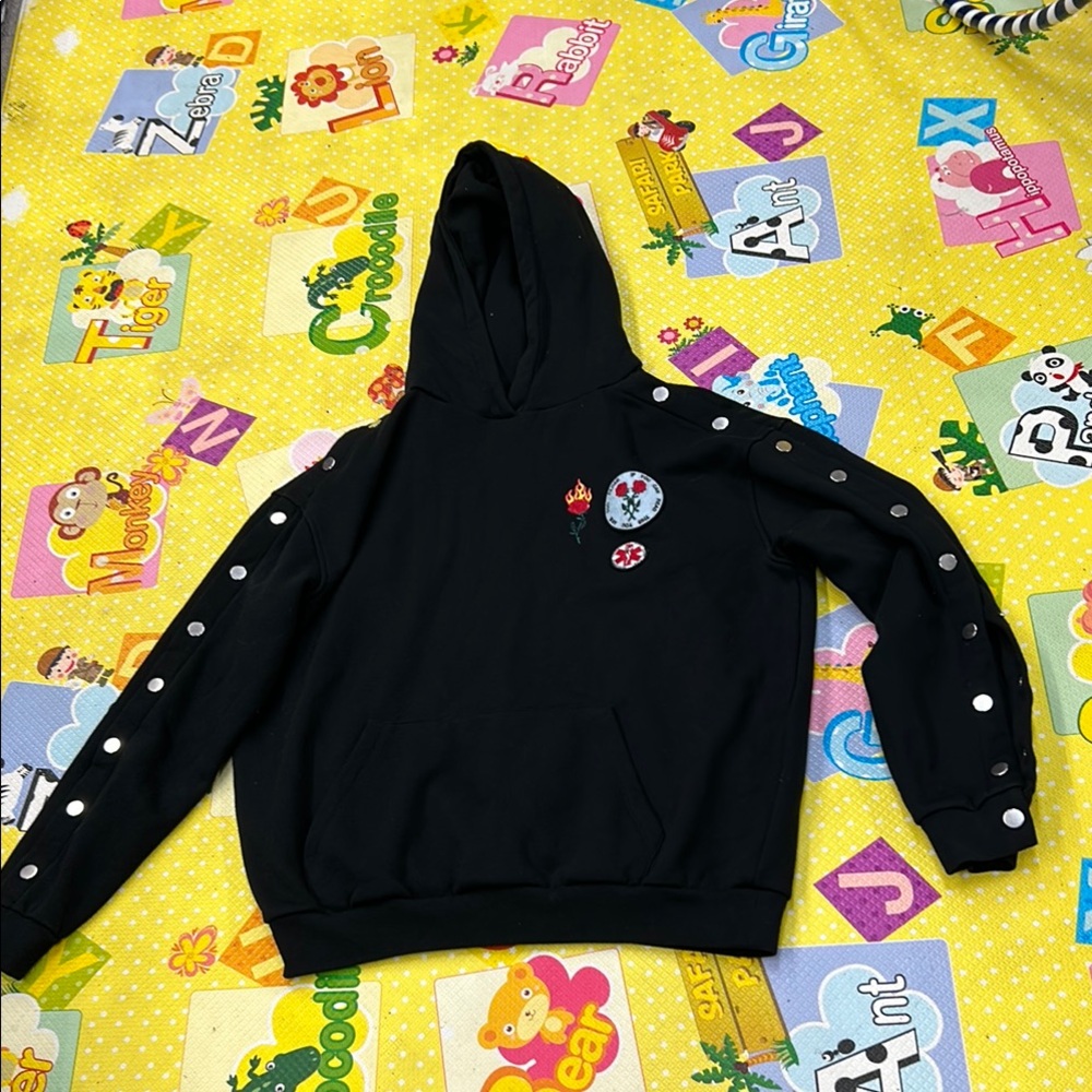 Black Hoodie with Skull and Flame Patches